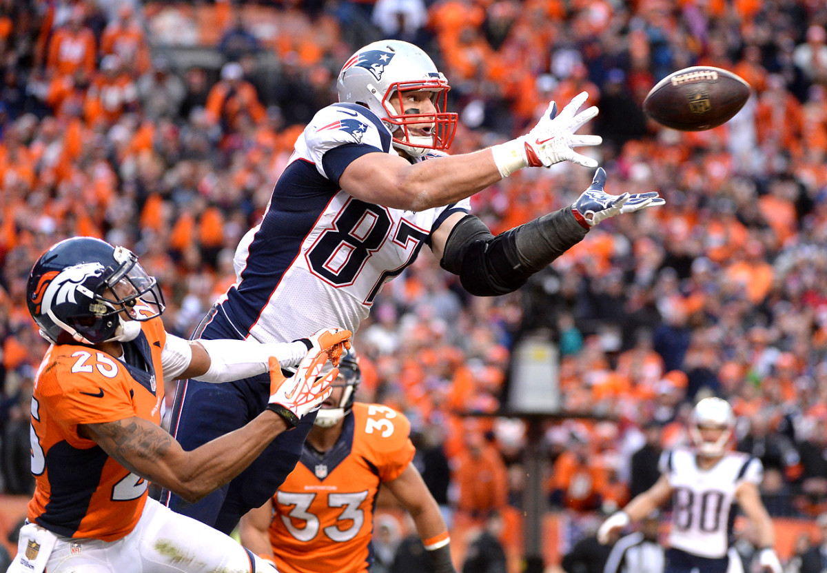 At 6'6" and 265, Gronkowski towers over DBs. 